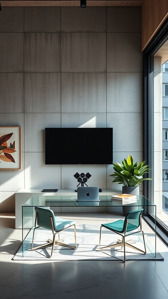 Modern home office featuring a concrete wall and a glass desk with plants