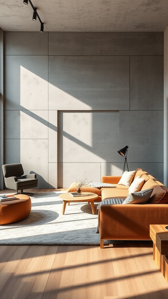 A modern living room featuring concrete walls and orange velvet sofas, with a round wooden coffee table.
