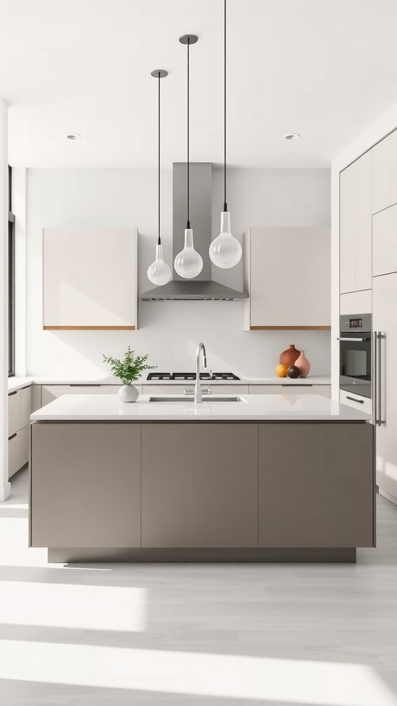 A modern slimline kitchen island with minimalist design and sleek lines, surrounded by a bright kitchen space.