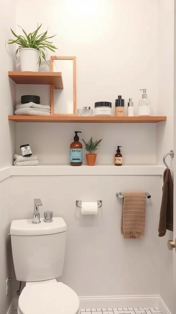 Image of a small bathroom with open shelving above the toilet, featuring toiletries and a plant.