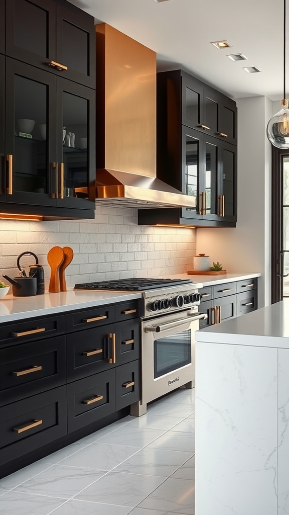 A contemporary kitchen featuring two-toned cabinets in black and brass, with a sleek countertop and stylish accents.