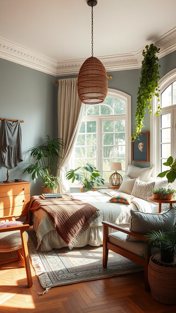 A cozy bedroom featuring Scandi Boho decor with plants, woven light fixture, and textured textiles.