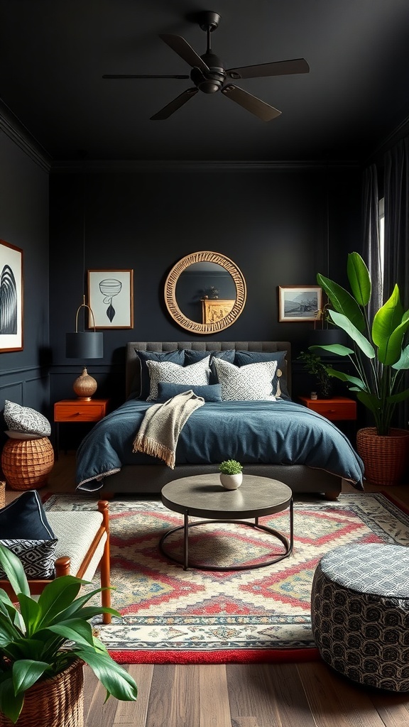 A modern black bedroom featuring a cozy bed, plants, and unique decor.