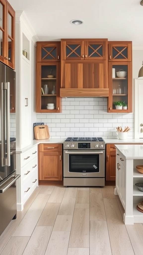 A contemporary farmhouse kitchen with wooden cabinets, white cabinetry, stainless steel appliances, and a subway tile backsplash.