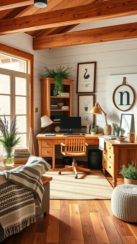 A contemporary farmhouse style home office with wooden beams, a wooden desk, plants, and a cozy sofa.