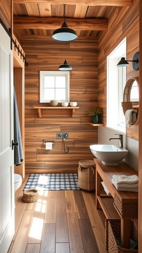 A contemporary farmhouse bathroom featuring wooden walls, a simple white sink, and rustic decor.