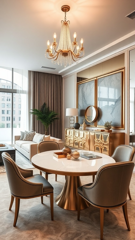 A cozy living room dining room combo featuring a round table with a gold base, modern gray chairs, a chandelier, and a stylish sideboard.