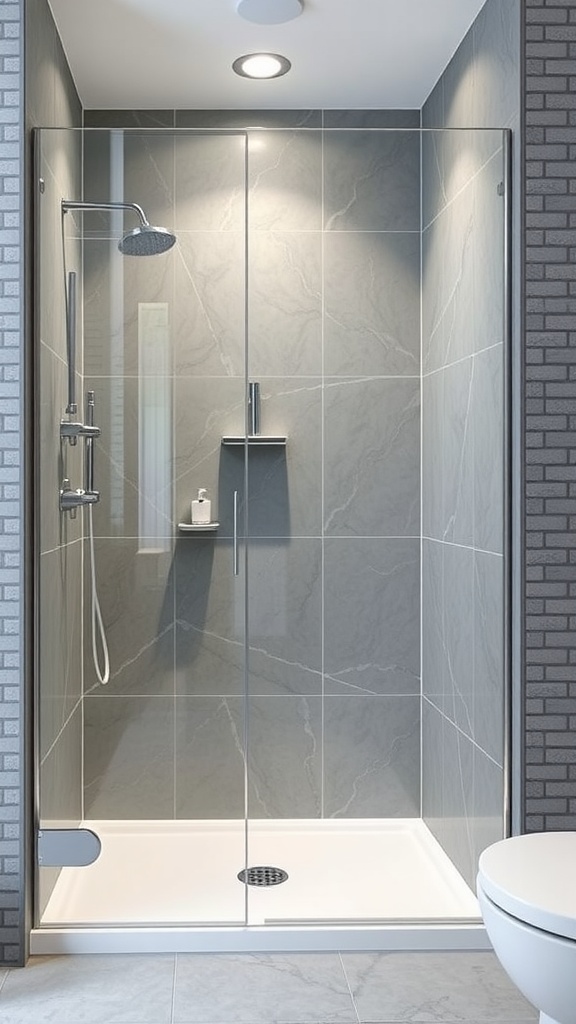 A modern gray shower enclosure featuring glass doors and gray tiles.