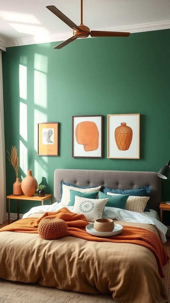 A contemporary bedroom featuring green walls and terracotta decor, with a stylish bed and decorative accents.