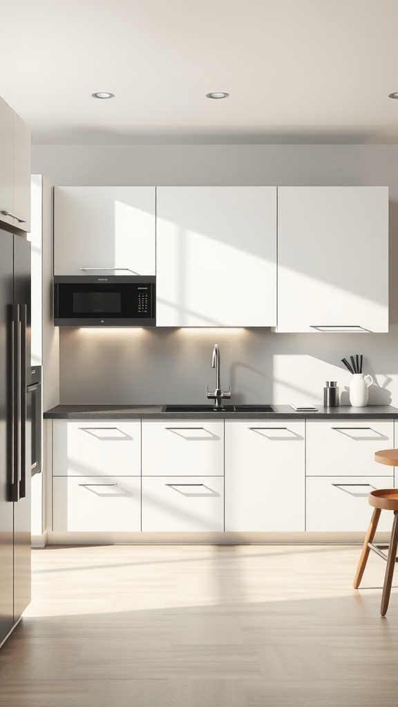 A modern kitchen featuring white handleless cabinets, a dark countertop, and a bright, airy atmosphere.