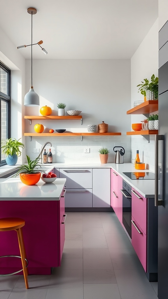 A modern kitchen featuring vibrant pink cabinets, open shelving, and colorful decor.