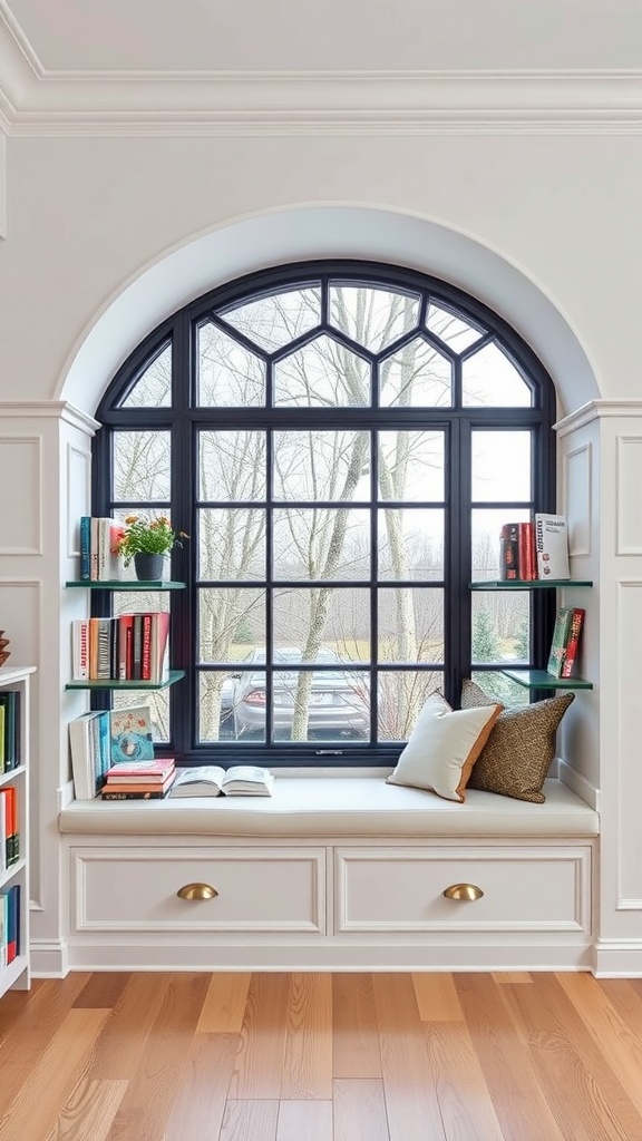 A contemporary library with a geometric window design and a cozy window seat surrounded by bookshelves.