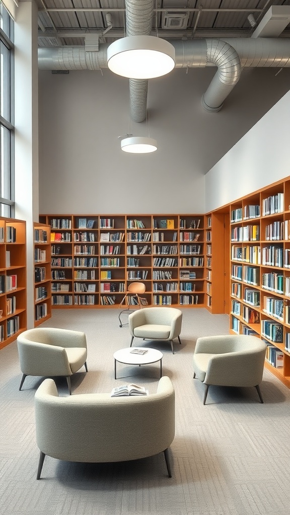 A contemporary library with modular furniture, featuring cozy chairs and bookshelves.