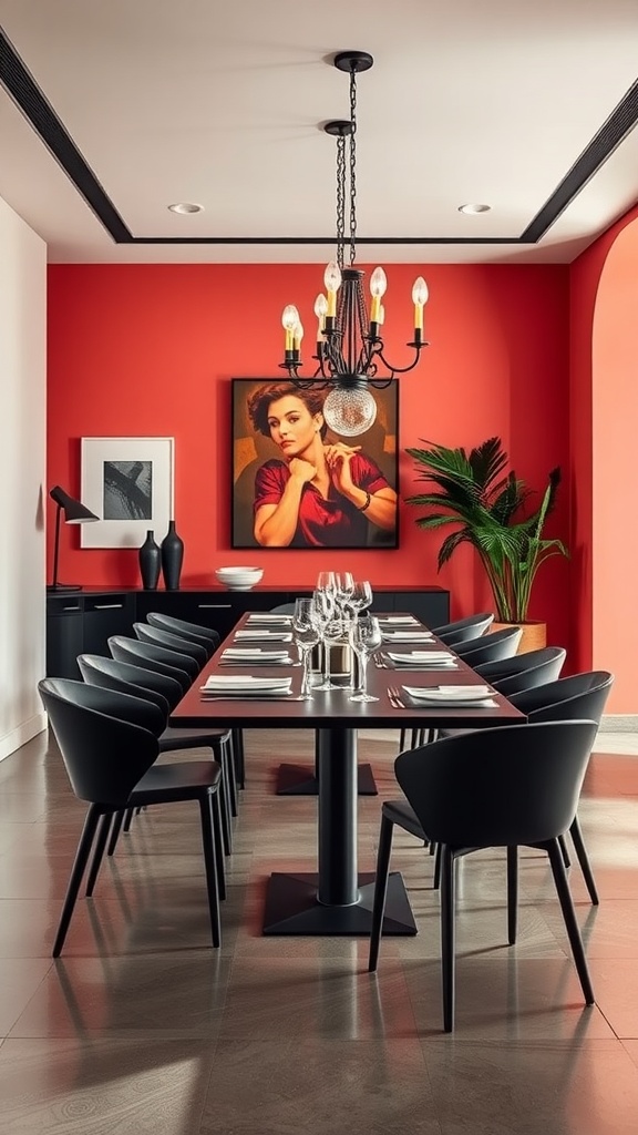 A contemporary minimalist dining room featuring a long table, black chairs, red walls, and elegant decor.