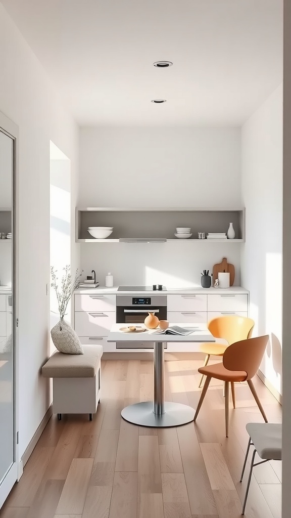 A contemporary minimalist kitchen nook with a round table, stylish chairs, and a cozy bench.