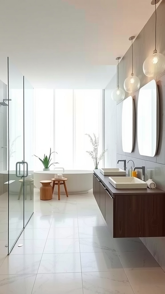 Modern bathroom with large windows, dual sinks, and a round bathtub