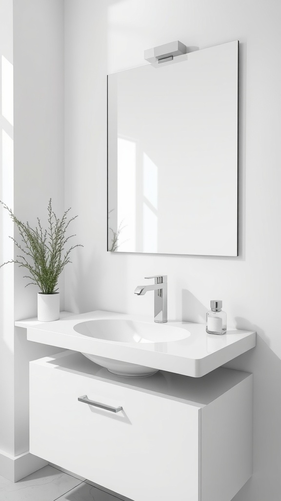 A contemporary bathroom sink with a round basin, sleek countertop, and minimalist cabinetry in gray and white.