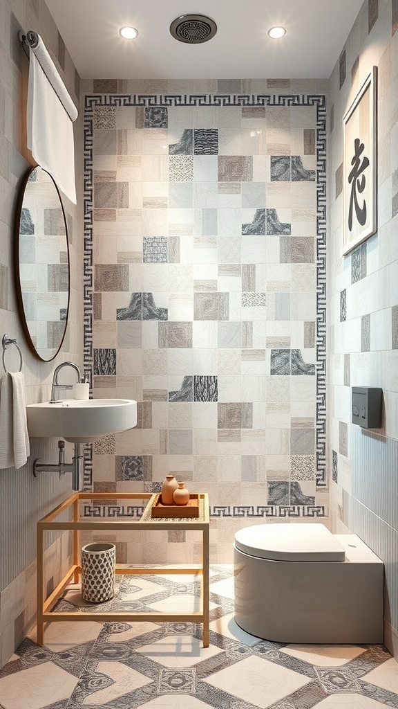 A stylish bathroom with contemporary tile patterns and Japandi influence, featuring a mix of textures, earthy tones, and a wooden frame.