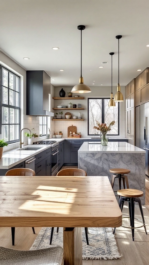 A contemporary U-shaped kitchen featuring light wood cabinetry, a large island with orange bar stools, and ample natural light from large windows.