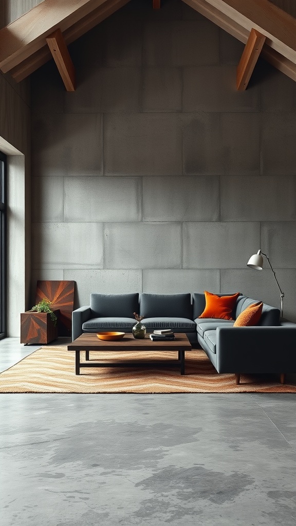 A stylish living room featuring concrete walls, a plush dark sofa with orange cushions, and wooden accents.