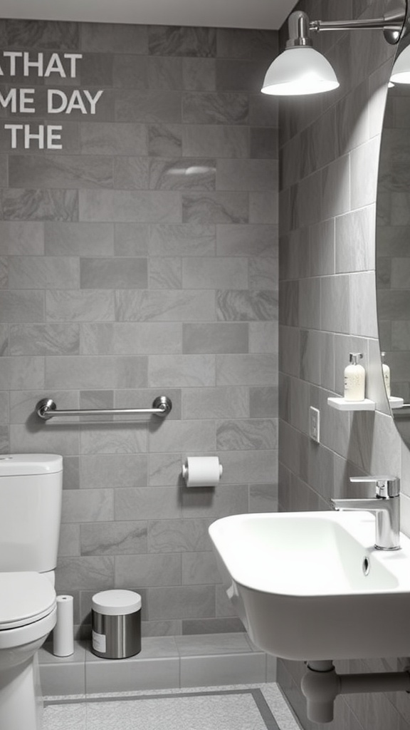 A modern gray and white bathroom featuring a bright white sink, toilet, and stylish lighting.