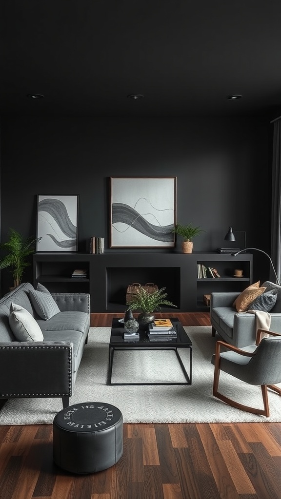 A modern living room featuring dark walls, a gray sofa, and contrasting light elements.