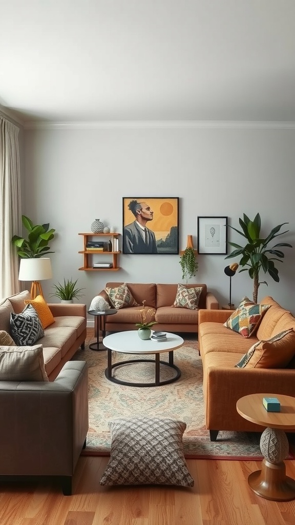 A cozy living room with contrasting seating styles, including a gray couch and orange sofas, adorned with decorative pillows and a round coffee table.