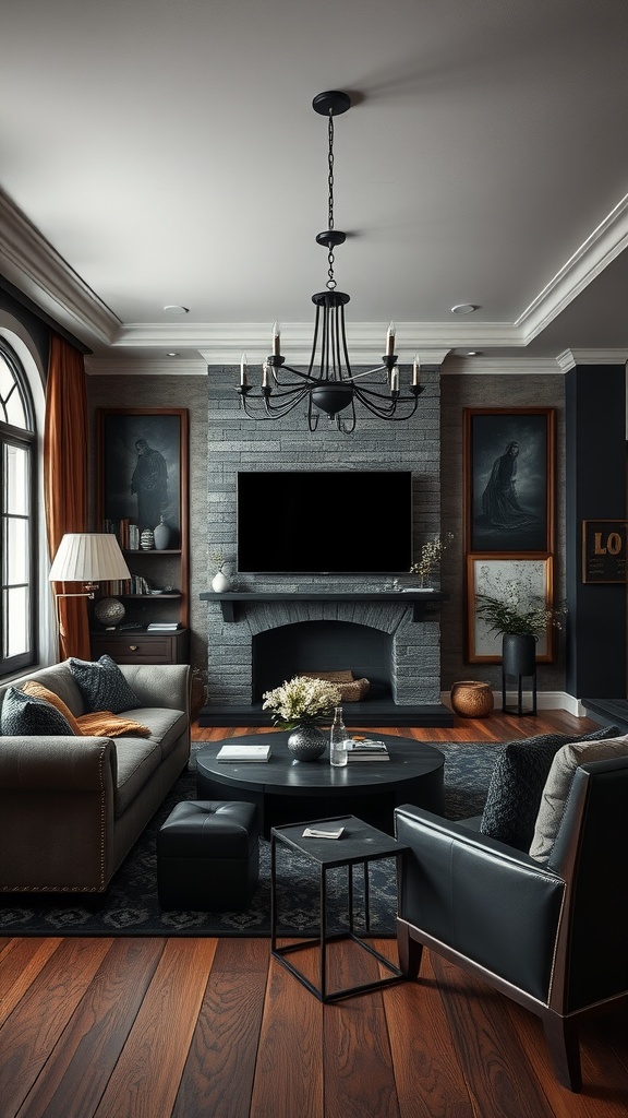 A stylish living room featuring a modern touch with Gothic elements, showcasing dark colors, a stone fireplace, and contrasting textures.