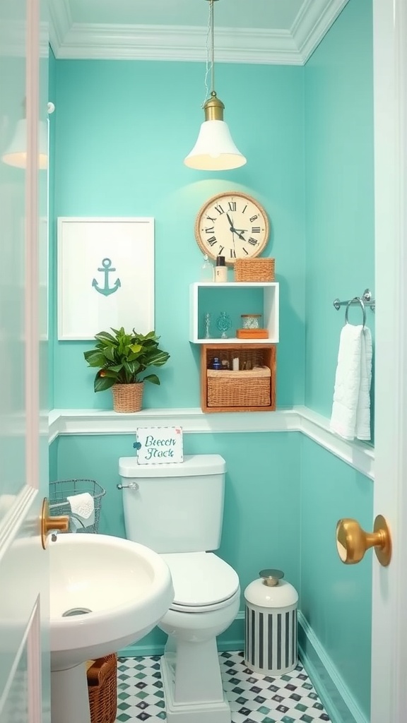 A powder room painted in cool aqua, featuring nautical decor and light wood accents.