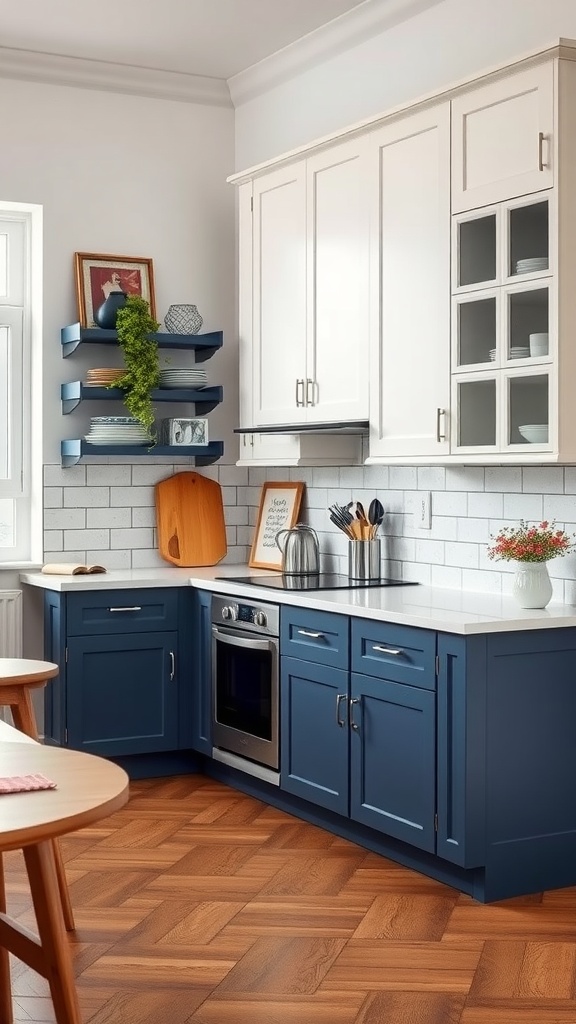 A kitchen featuring cool blue lower cabinets and soft white upper cabinets, with wooden flooring and open shelving.
