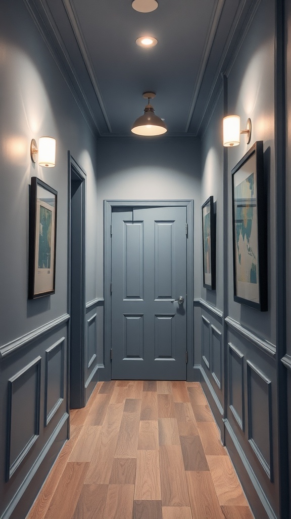 A narrow hallway painted in cool gray-blue with wooden flooring and wall sconces.