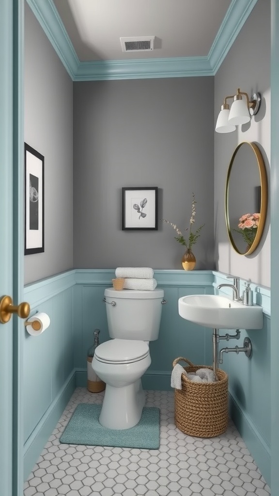 A bathroom featuring cool gray walls with aqua trim and decor, highlighting a modern and serene design.