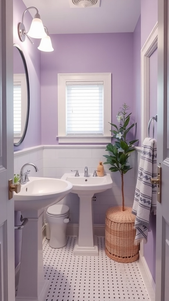 Small bathroom with cool lavender walls, white fixtures, and a plant