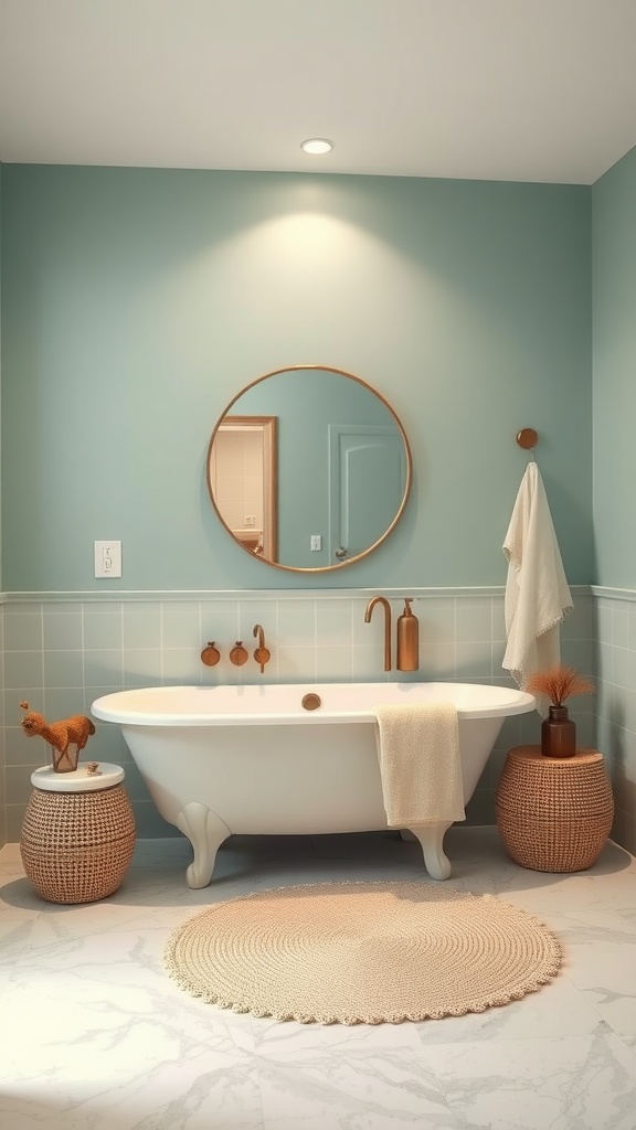 A bathroom featuring cool mint walls and sandy beige accents.