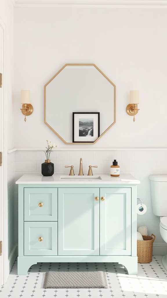 A cool mint bathroom vanity with gold hardware and a simple decor