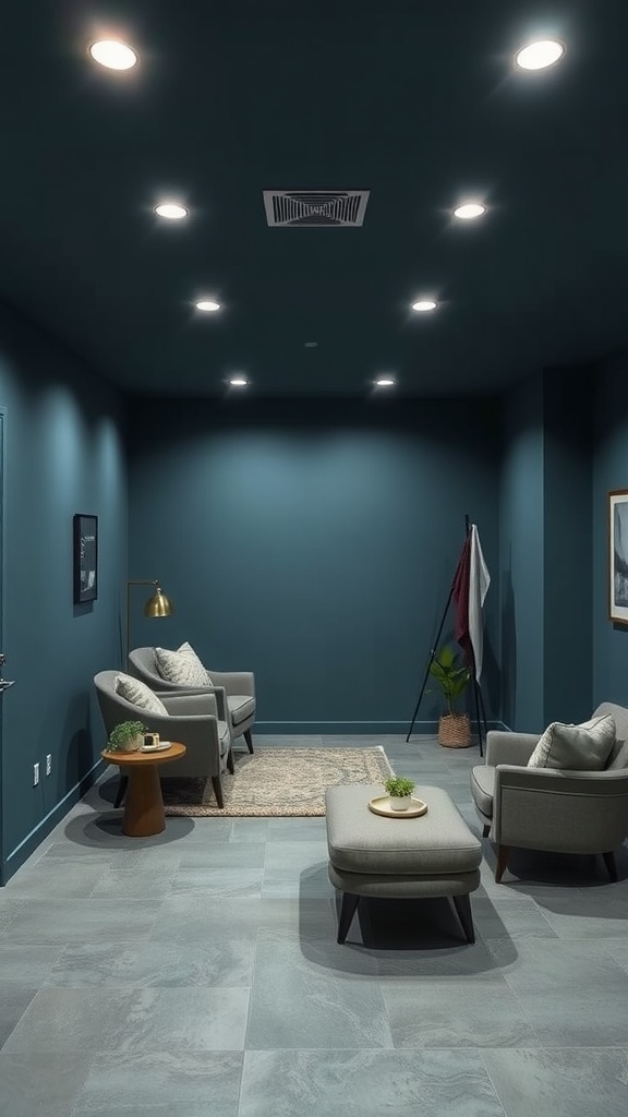 A stylish basement area painted in cool slate blue, featuring modern furniture and good lighting.