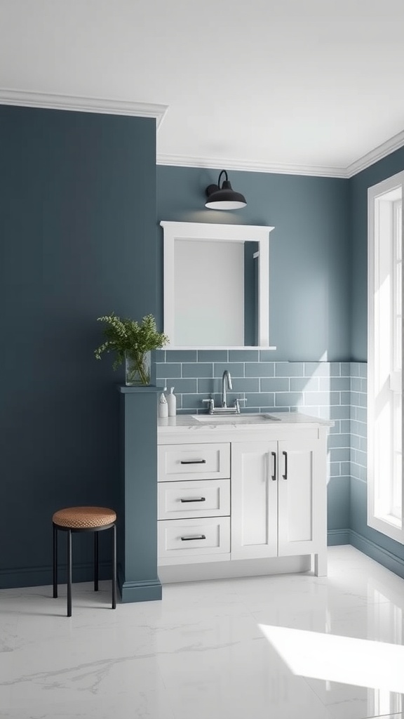 A modern bathroom with slate blue walls and white cabinetry.