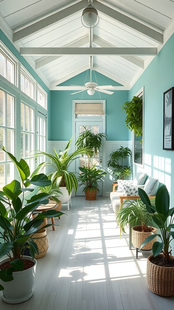 A bright sunlit room with cool teal walls, surrounded by various plants and natural elements.