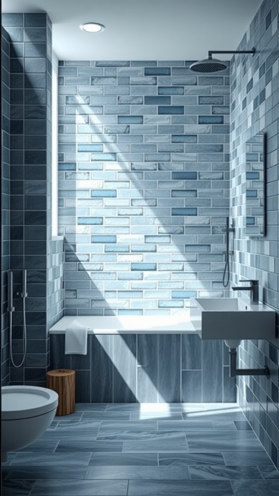 A modern bathroom featuring blue and grey tile combinations, showcasing a bathtub, sink, and shower.