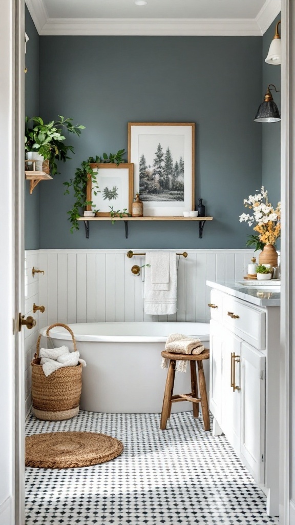 A stylish farmhouse bathroom featuring light blue walls, darker paneling, and natural decor elements.