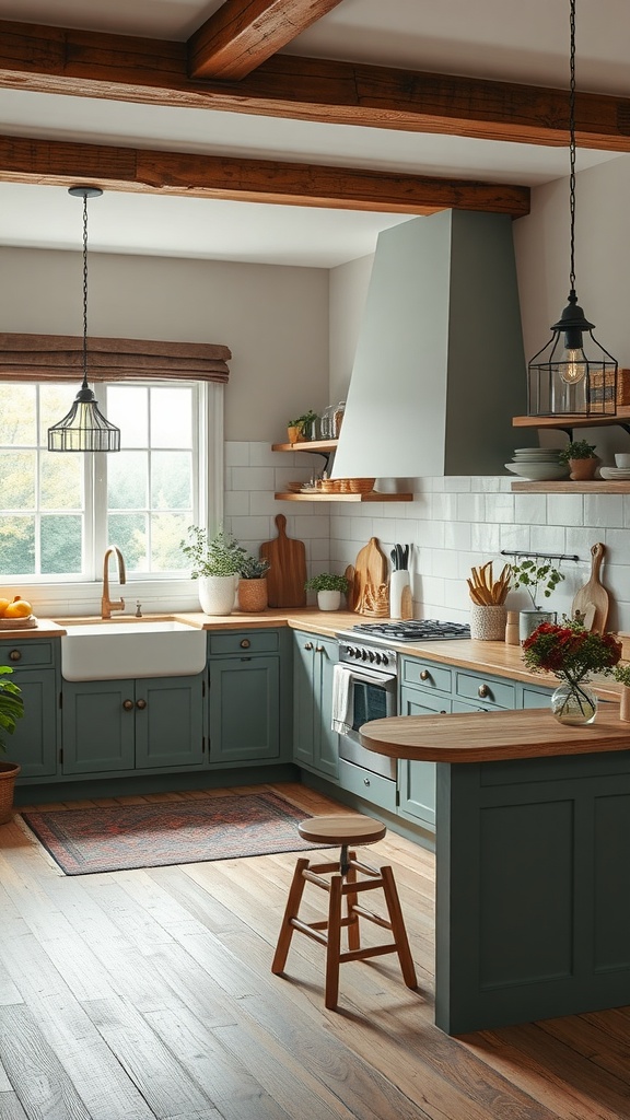 A cozy kitchen featuring soft green cabinets, wooden beams, and modern appliances.