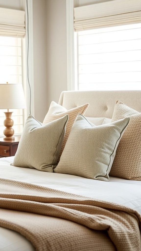 A beautifully arranged bed with coordinated throw pillows in soft, neutral tones and a cozy blanket.