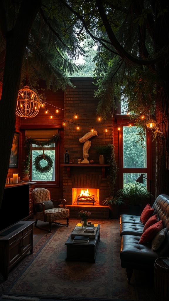 A cozy forest hideout with a brick fireplace, comfortable seating, and green plants, illuminated by string lights.