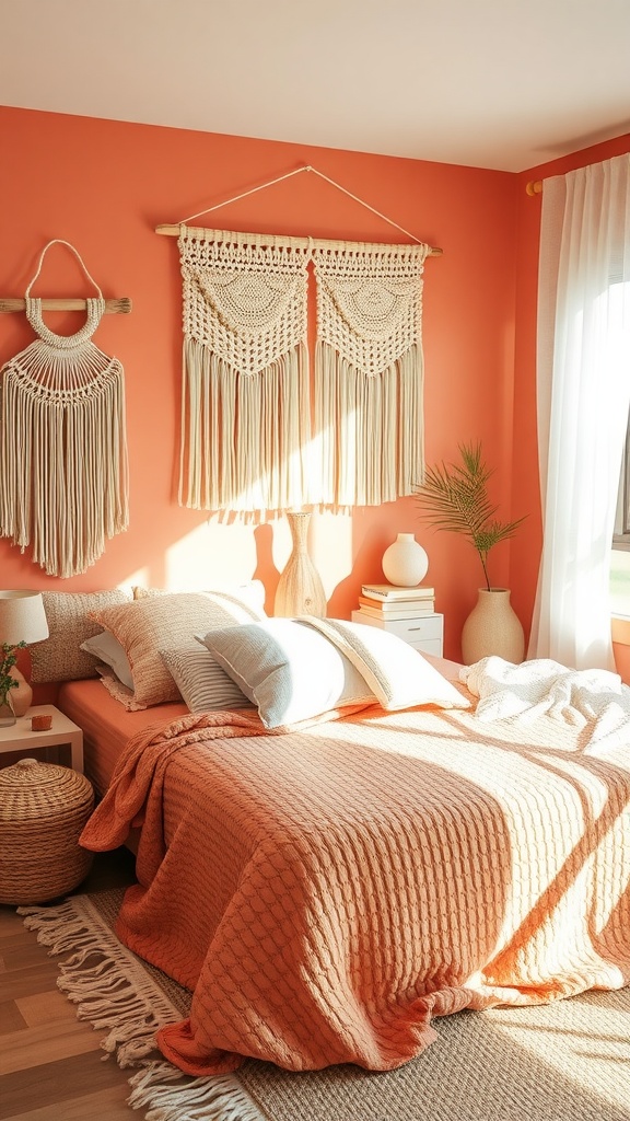 A coral-themed Boho bedroom with macramé wall decor, layered bedding, and natural elements.