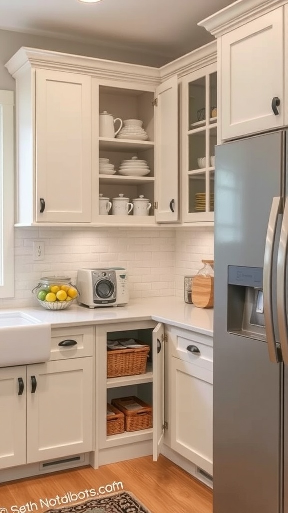 A bright farmhouse kitchen corner cabinet featuring open shelves with dishes and closed storage with baskets beneath.
