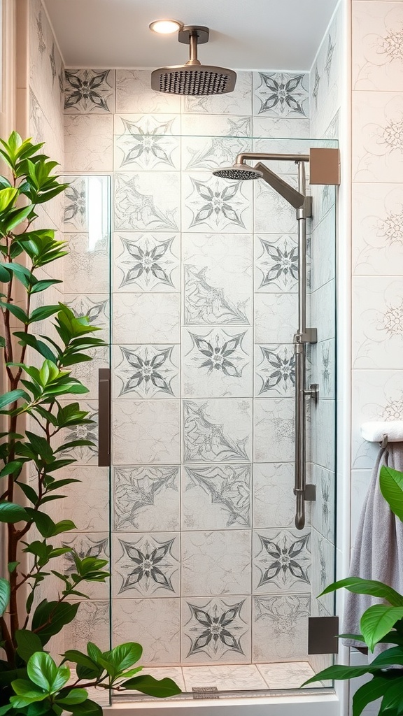 A corner walk-in shower with patterned tiles, glass enclosure, and overhead shower head