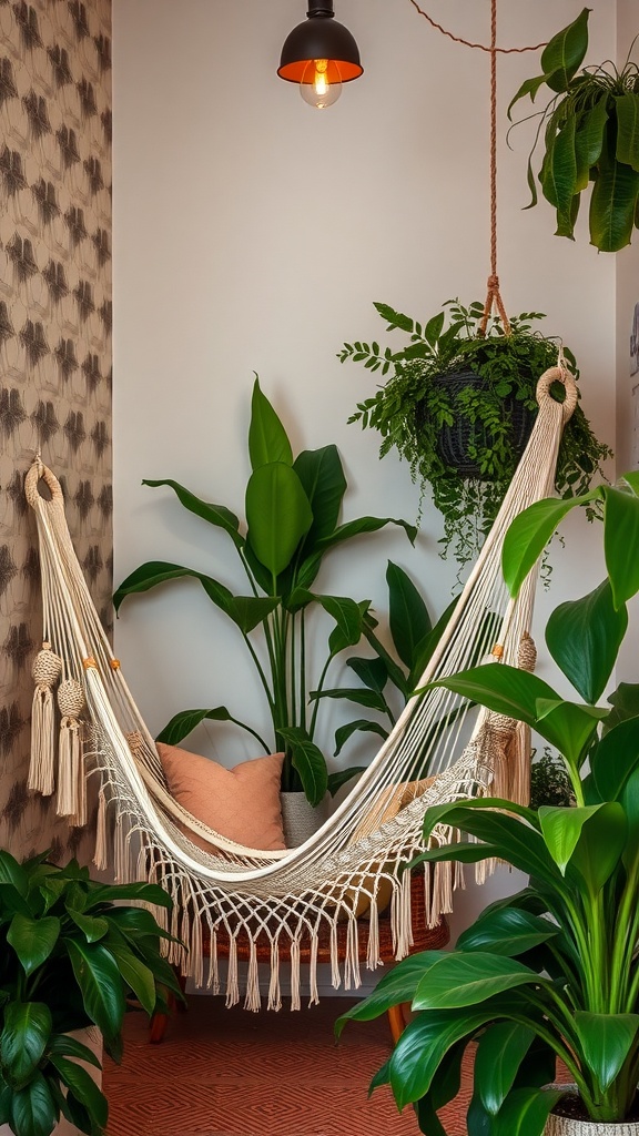 A cozy corner nook with a woven hammock surrounded by plants and warm lighting