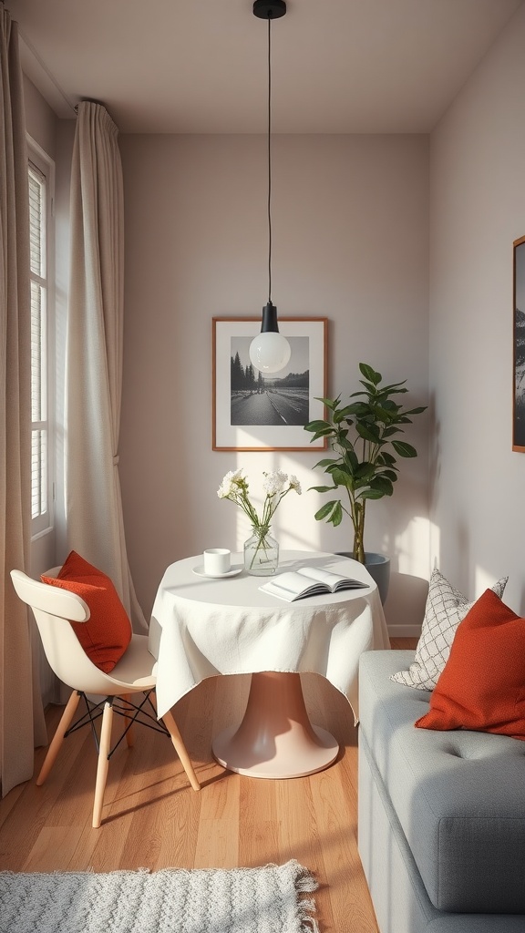 Cozy corner with a round dining table and a sofa in a small living room