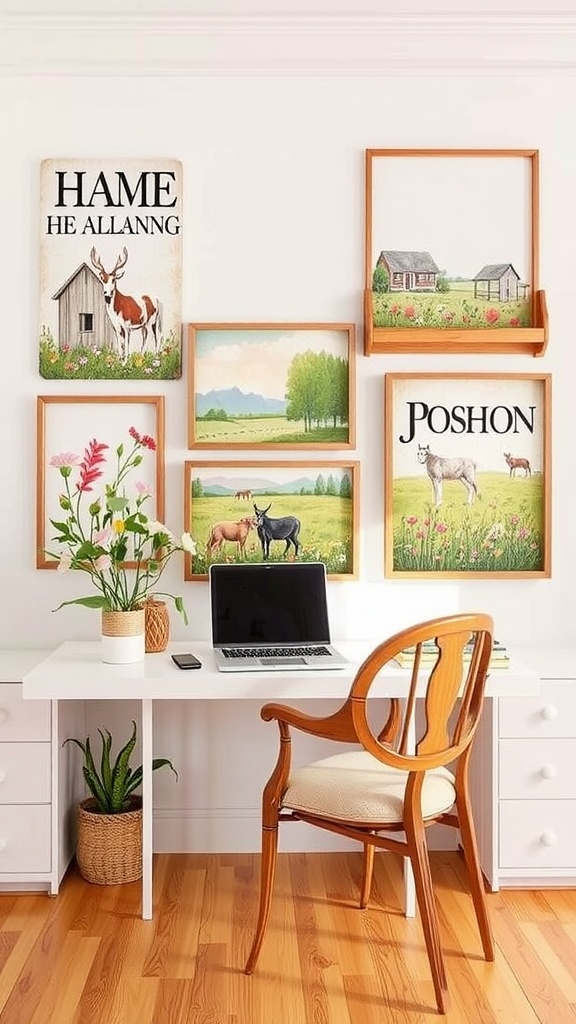 A cozy home office decor featuring cottage-inspired wall art with animals and landscapes.