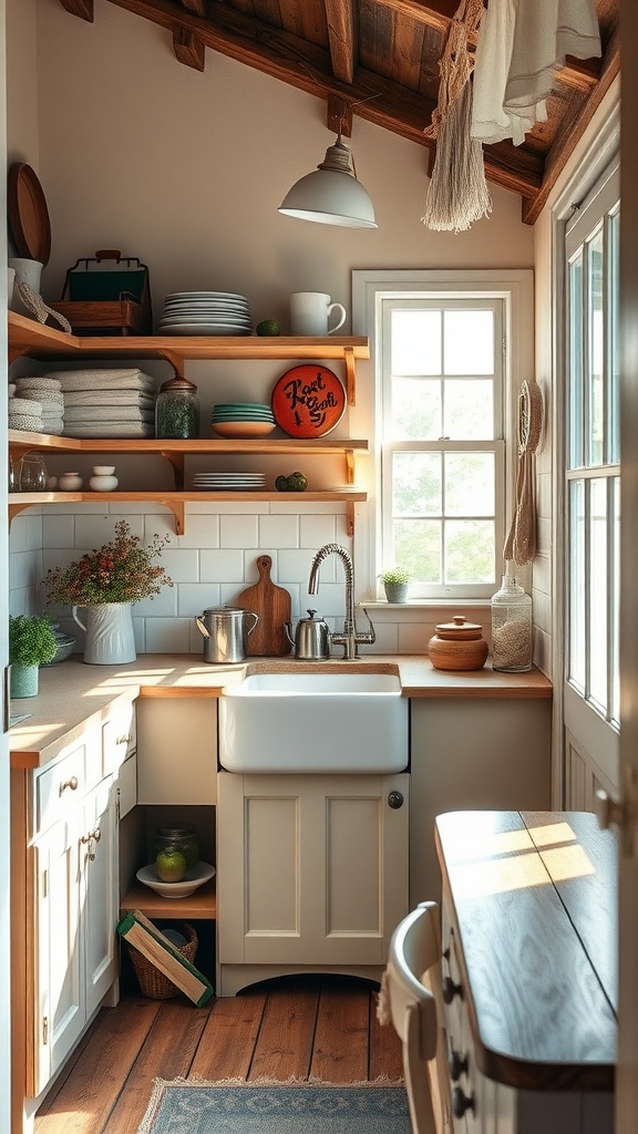 A cozy small cottage kitchen with open shelving, a farmhouse sink, and wooden accents.